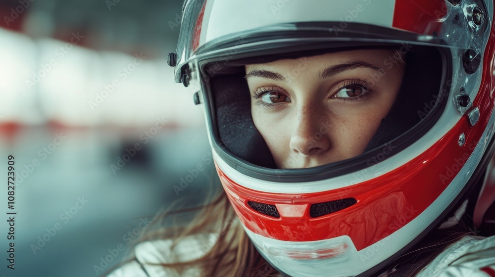 A determined female racer in a helmet, captured with intense focus, representing competitive spirit in motor racing A determined female racer in a helmet, captured with intense focus, representing competitive spirit in motor racing