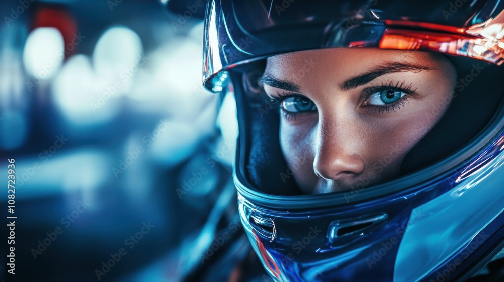 A determined female racer in a helmet, captured with intense focus, representing competitive spirit in motor racing A determined female racer in a helmet, captured with intense focus, representing competitive spirit in motor racing
