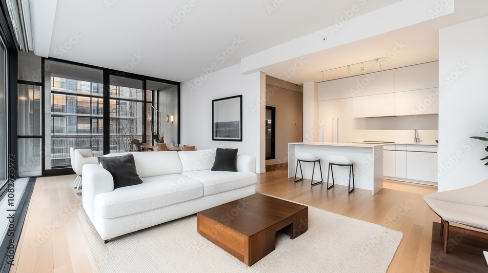 Modern open-plan living room and kitchen with white sofa, wooden coffee table, sleek kitchen island, and large windows. Modern open-plan living room and kitchen with white sofa, wooden coffee table, sleek kitchen island, and large windows.