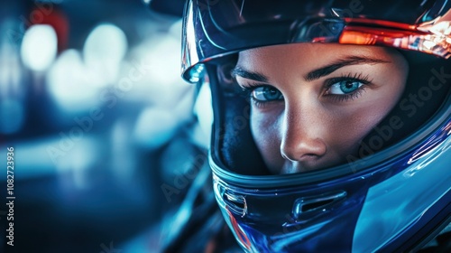 A determined female racer in a helmet, captured with intense focus, representing competitive spirit in motor racing