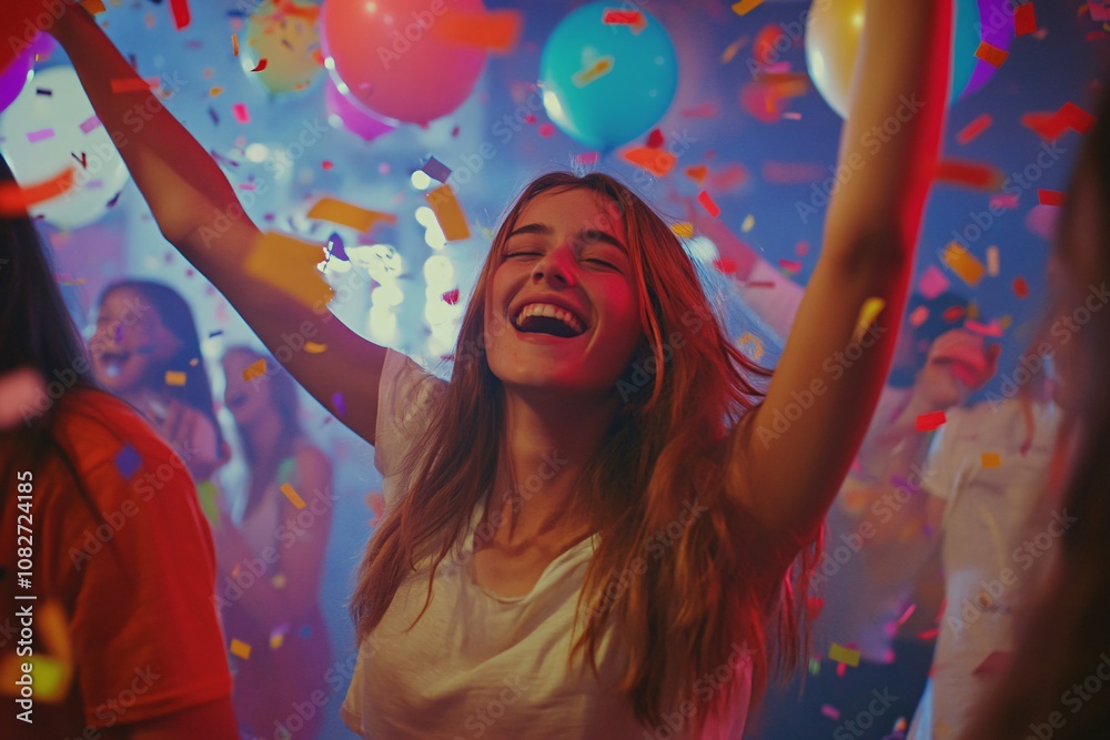 Obraz premium Excited teens dancing and tossing confetti during a birthday celebration, vibrant colors in room filled with streamers and balloons, bright lighting, close-up 3