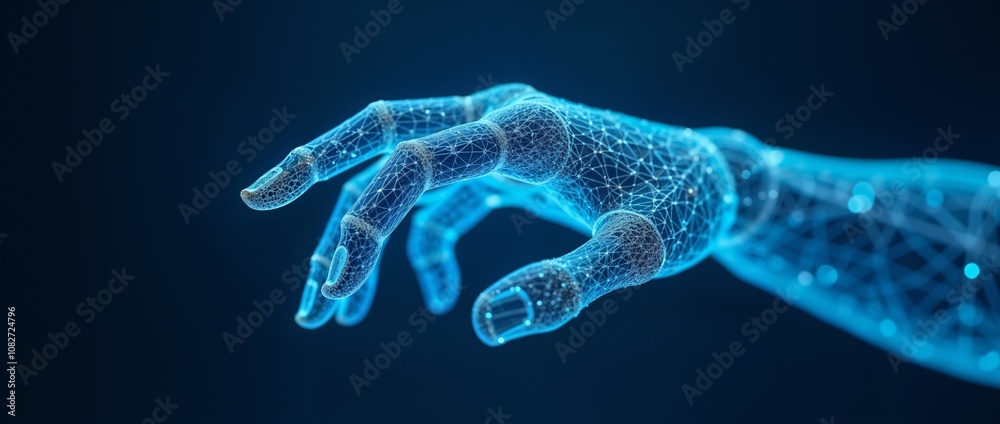 Futuristic wireframe robot hand with low polygonal design and digital glow in blue virtual environment Futuristic wireframe robot hand with low polygonal design and digital glow in blue virtual environment