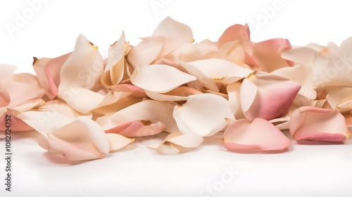 Delicate Pink and White Rose Petals Scattered on a White Background