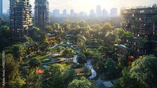 A green urban cityscape designed with eco-friendly infrastructure, solar energy solutions, and advanced urban planning for sustainability, ultra-realistic rendering