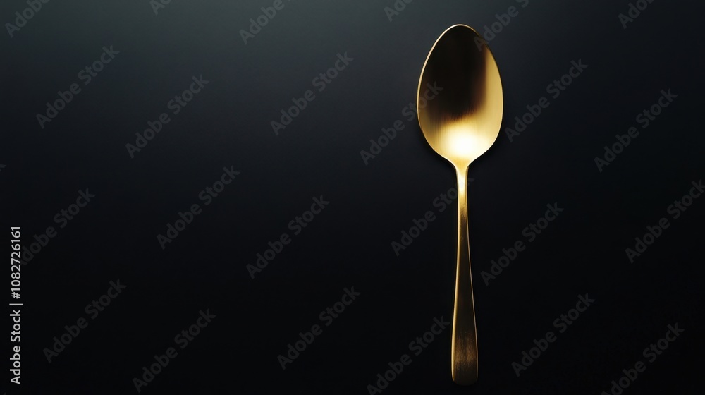 Luxurious golden spoon displayed against a dark black background, embodying elegance and minimalist sophistication Luxurious golden spoon displayed against a dark black background, embodying elegance and minimalist sophistication