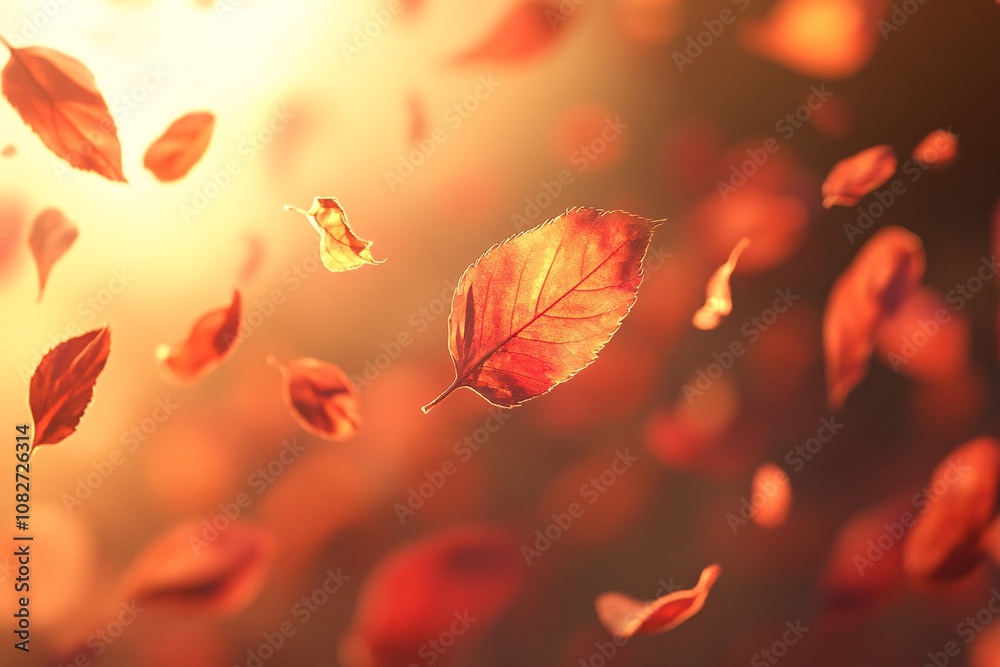 Close-up view of floating autumn leaves in golden sunlight, gentle breeze effect, red and orange hues, soft background, natural feel, outdoor setting, vibrant colors 3 Close-up view of floating autumn leaves in golden sunlight, gentle breeze effect, red and orange hues, soft background, natural feel, outdoor setting, vibrant colors 3