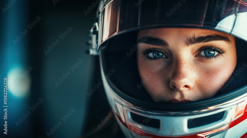 A determined female racer in a helmet, captured with intense focus, representing competitive spirit in motor racing