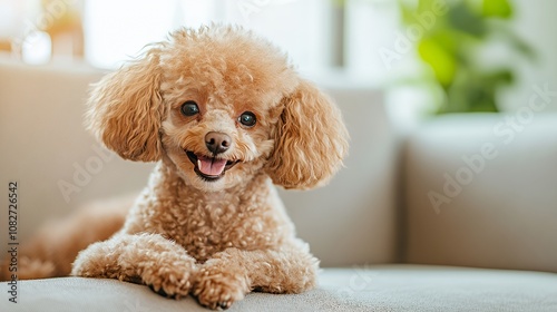 A small brown poodle dog lays on a couch smiling with its tongue sticking out.