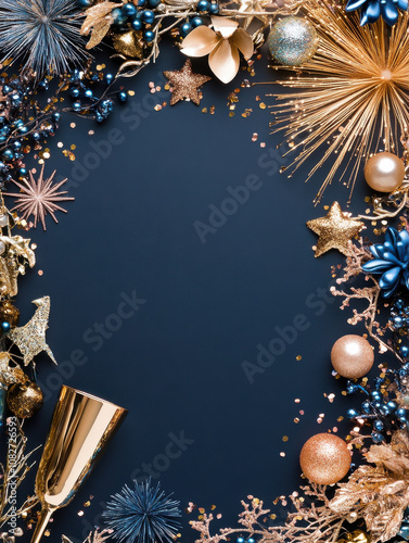 Festive New Year Eve frame with gold and blue decorations, including stars, ornaments, and champagne flute, creating celebratory atmosphere