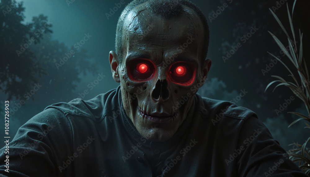 Gothic skull with engravings, lit by candles. Human skull with red glowing eyes in eerie forest at night Gothic skull with engravings, lit by candles. Human skull with red glowing eyes in eerie forest at night