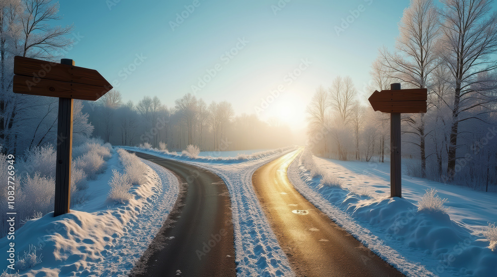 Forked Winter Road Surrounded by Snow and Frost-Covered Trees Forked Winter Road Surrounded by Snow and Frost-Covered Trees