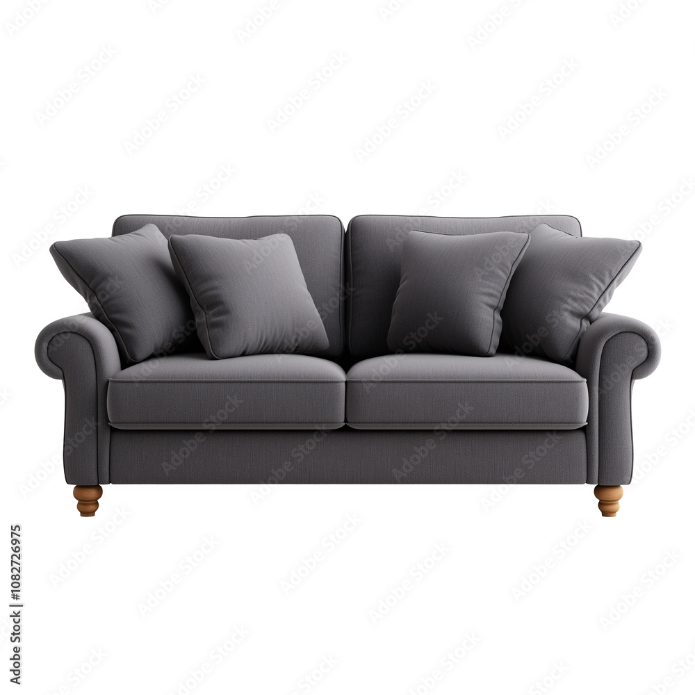 elegant classic grey sofa with rolled arms and pillows isolated on a transparent background elegant classic grey sofa with rolled arms and pillows isolated on a transparent background