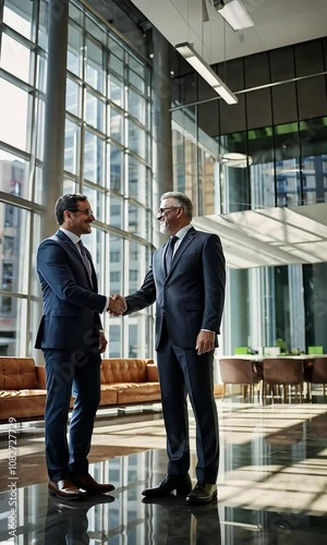 Business Partners Shaking Hands in Office Building, Symbolizing Professional Agreement and Successful Partnership in HD