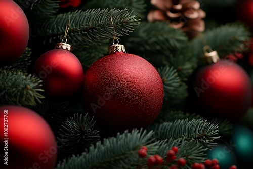 Red Christmas ornaments on a green Christmas tree.