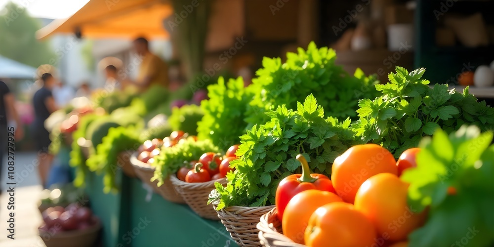 vibrant scene of fresh herbs and vegetables displayed at a bustling local market under the warm afternoon sun. vibrant scene of fresh herbs and vegetables displayed at a bustling local market under the warm afternoon sun.