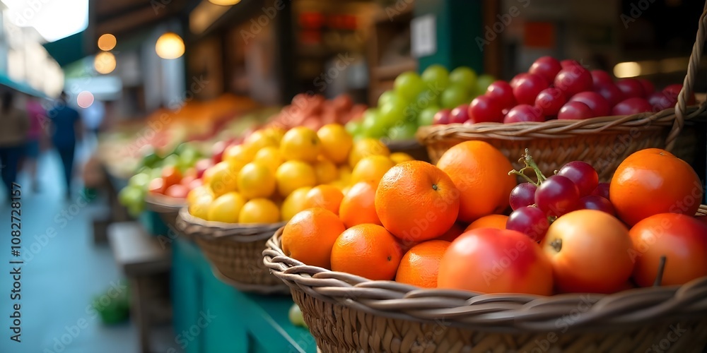 vibrant scene of fresh, colorful fruits displayed in rustic woven baskets at a bustling local market during daylight. vibrant scene of fresh, colorful fruits displayed in rustic woven baskets at a bustling local market during daylight.