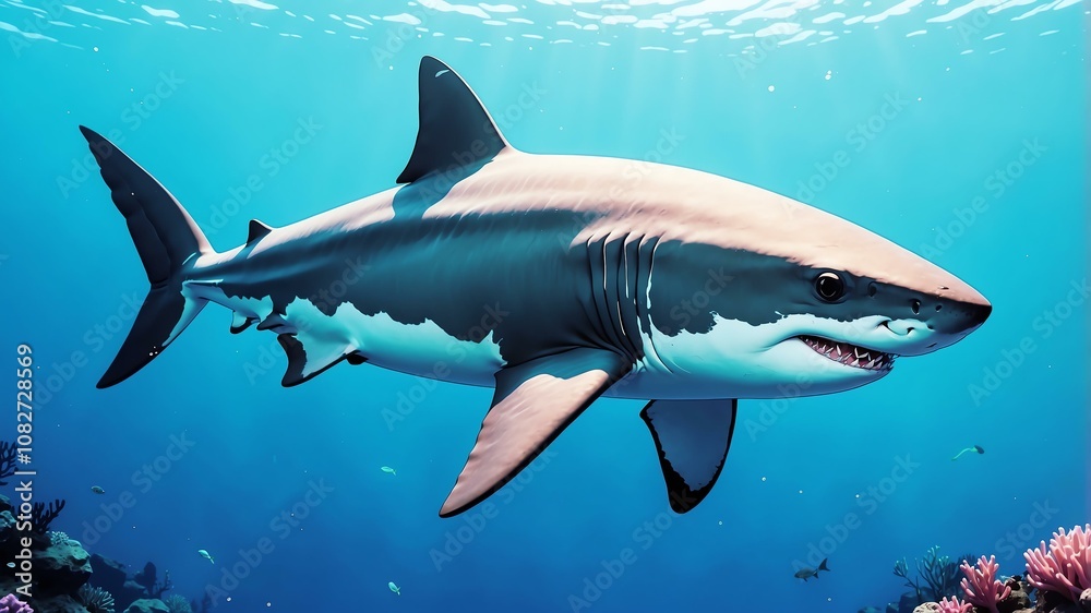 Fototapeta premium Close-up of a shark on an aesthetic underwater anime background