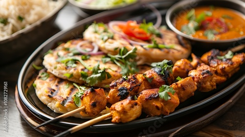 Rice pancakes are served with a heavy peanut dip and chicken tikka satay