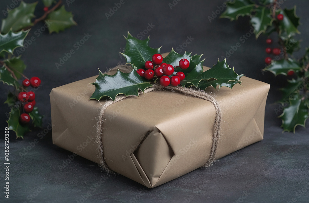 A brown gift box, decorated with holly and tied with twine, sits on a dark surface A brown gift box, decorated with holly and tied with twine, sits on a dark surface