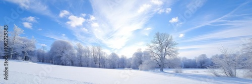 A serene winter landscape covered in fresh white snow, with a clear blue sky above, weather, peaceful, landscape