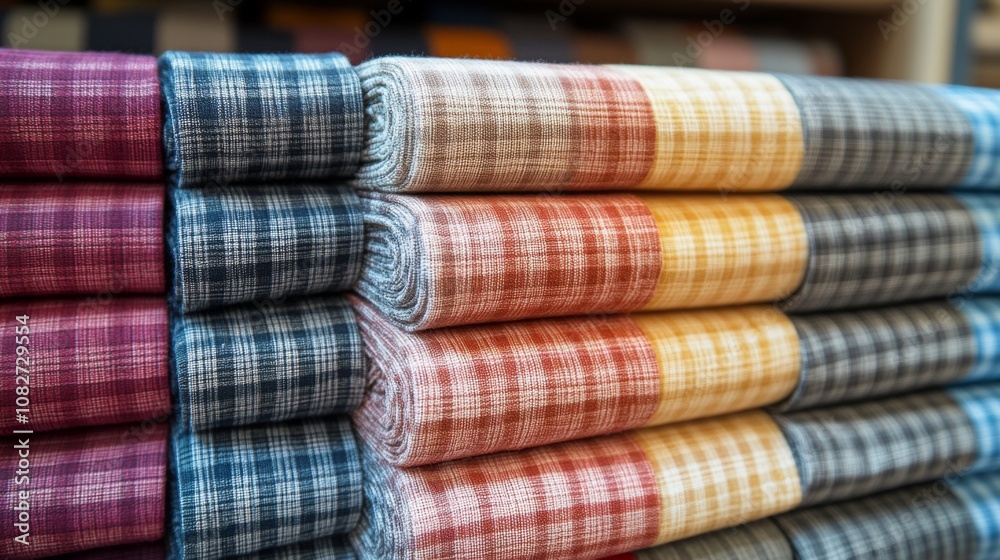 A vibrant array of neatly stacked fabric rolls in multiple patterns can be observed in a textile shop, inviting shoppers to explore their options for various projects. A vibrant array of neatly stacked fabric rolls in multiple patterns can be observed in a textile shop, inviting shoppers to explore their options for various projects.