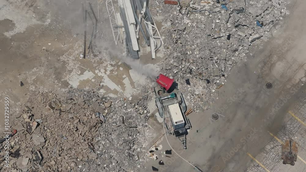 A demolition site. Top down drone shot of destroyed site. Demolition of the building A demolition site. Top down drone shot of destroyed site. Demolition of the building