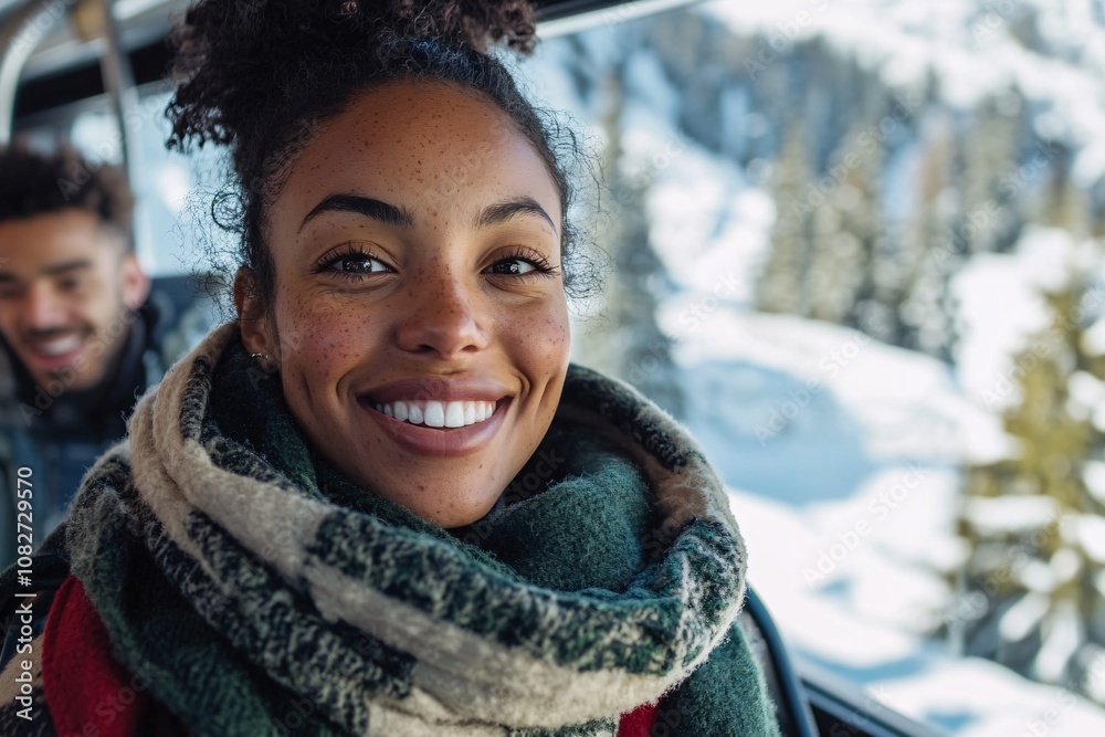 Black woman with freckles, wearing a scarf, explaining nearby mountains to friends on bus, snowy scenery outside, warm winter light, joyful expression 1 Black woman with freckles, wearing a scarf, explaining nearby mountains to friends on bus, snowy scenery outside, warm winter light, joyful expression 1