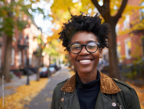 Woman with glasses and a black jacket is smiling