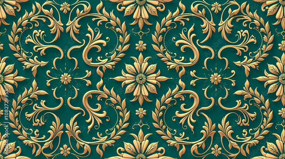 A seamless pattern featuring Victorian ornamental borders with intricate acanthus leaf and floral motifs, in shades of deep green and gold A seamless pattern featuring Victorian ornamental borders with intricate acanthus leaf and floral motifs, in shades of deep green and gold