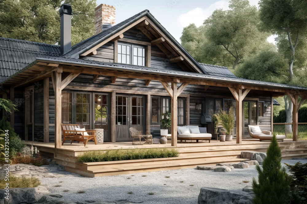 Charming Scandinavian-style cabin with a spacious wooden deck, rustic beams, cozy outdoor seating, and surrounded by lush greenery for a tranquil retreat. Charming Scandinavian-style cabin with a spacious wooden deck, rustic beams, cozy outdoor seating, and surrounded by lush greenery for a tranquil retreat.