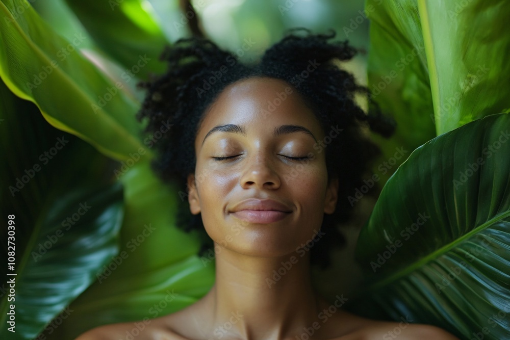 Black woman, early 30s, meditating on a bamboo mat in spa, closed eyes, surrounded by large green leaves, gentle smile, soft natural light, focus on serene posture, medium close-up 2 Black woman, early 30s, meditating on a bamboo mat in spa, closed eyes, surrounded by large green leaves, gentle smile, soft natural light, focus on serene posture, medium close-up 2