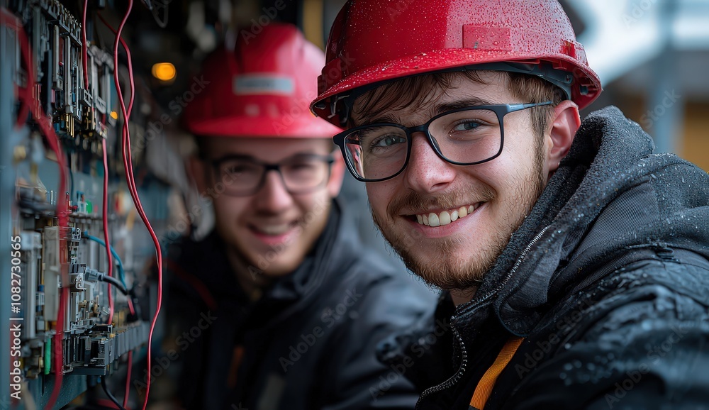 two smiling young electricians wearing hard hats, one working on an electrical panel two smiling young electricians wearing hard hats, one working on an electrical panel