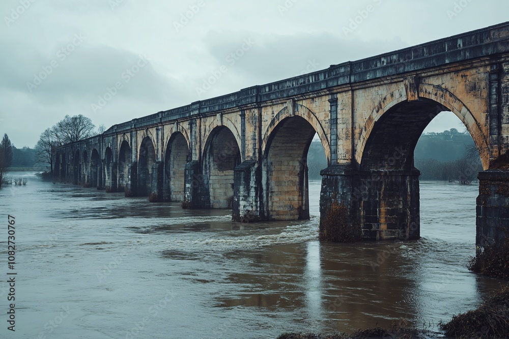Fototapeta premium An old bridge submerged in floodwater, visible arches, murky water, overcast sky, historical site partially damaged, soft light adds sense of nostalgia and history, medium close-up 1