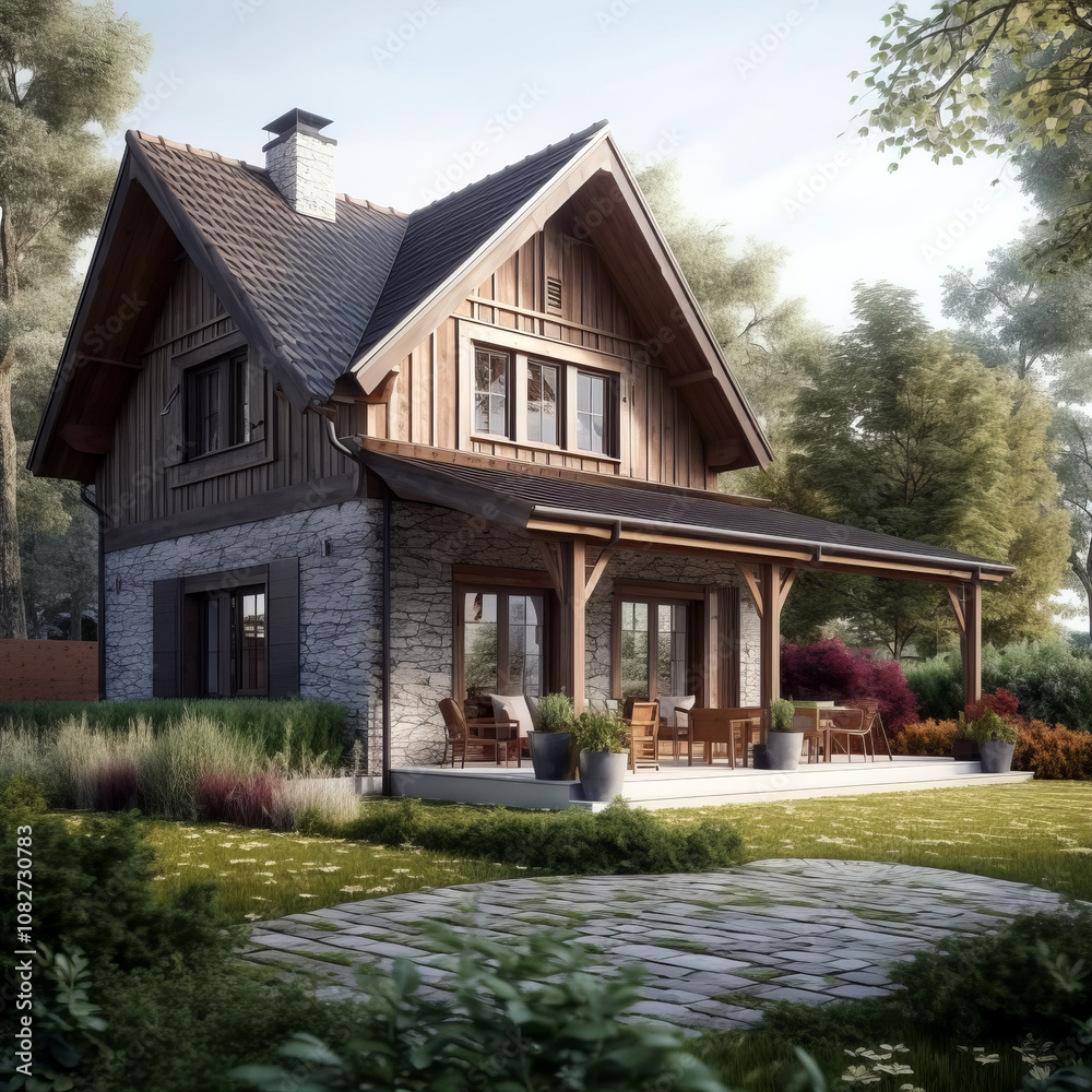 Rustic Scandinavian-style house with a stone and wood exterior, a cozy covered porch, and surrounded by a vibrant garden in a tranquil setting. Rustic Scandinavian-style house with a stone and wood exterior, a cozy covered porch, and surrounded by a vibrant garden in a tranquil setting.