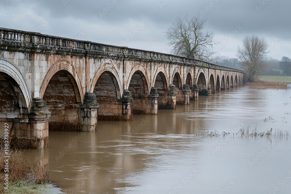 Naklejka premium An old bridge submerged in floodwater, visible arches, murky water, overcast sky, historical site partially damaged, soft light adds sense of nostalgia and history, medium close-up 4