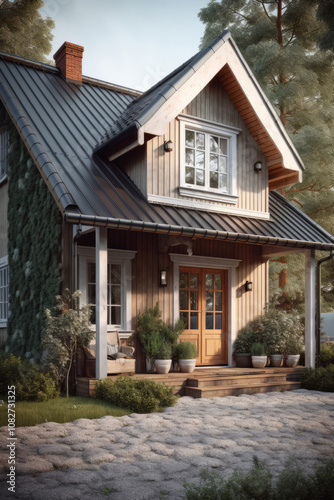 Two-story Scandinavian-style house with light wood siding, a cozy front porch, lush greenery, and surrounded by a serene forested landscape.