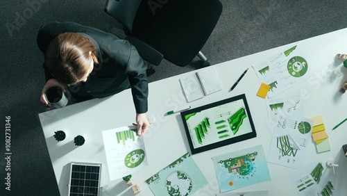 Top down view of project manager walking around meeting table with green business element. Aerial view of skilled business woman looking at element on table represent renewable energy. Alimentation. photo