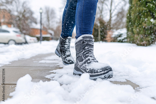Winter Boots in Snow Close Up Walking Footwear Cold Weather photo