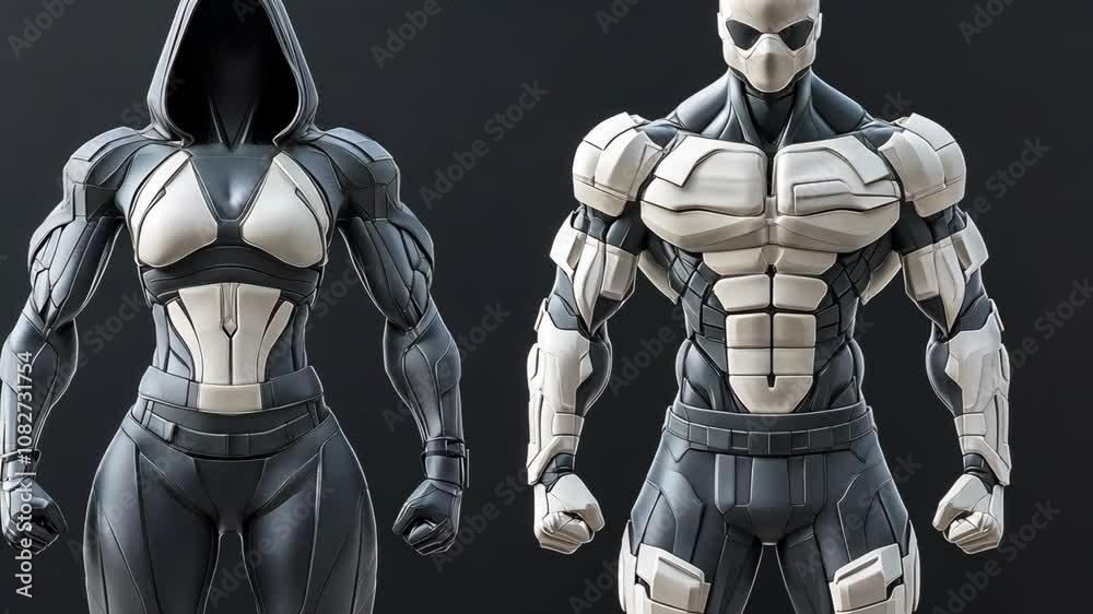 A female and male figure wearing futuristic armor stand in front of a grey background