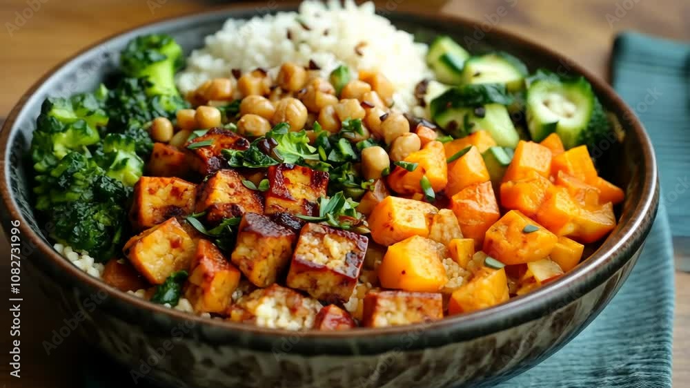 A bowl of brown rice, chickpeas, sweet potato, broccoli, and tofu A bowl of brown rice, chickpeas, sweet potato, broccoli, and tofu