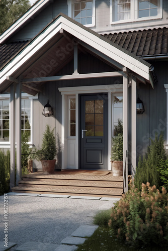 Inviting Scandinavian-style entrance with a covered porch, dark front door, classic lantern lighting, and lush greenery flanking the walkway.