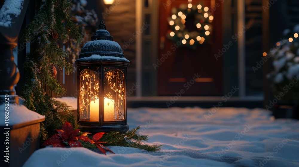 A Lantern Lit with a Candle on a Snowy Porch in Front of a House