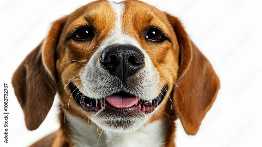 A Beagle smiles with its tongue out, revealing its teeth, in a close-up portrait A Beagle smiles with its tongue out, revealing its teeth, in a close-up portrait