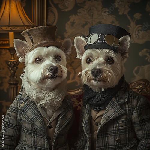 Elegant bichon maltese dogs dressed in vintage attire, showcasing their charming personalities. Their stylish hats and accessories add whimsical touch to this delightful portrait photo