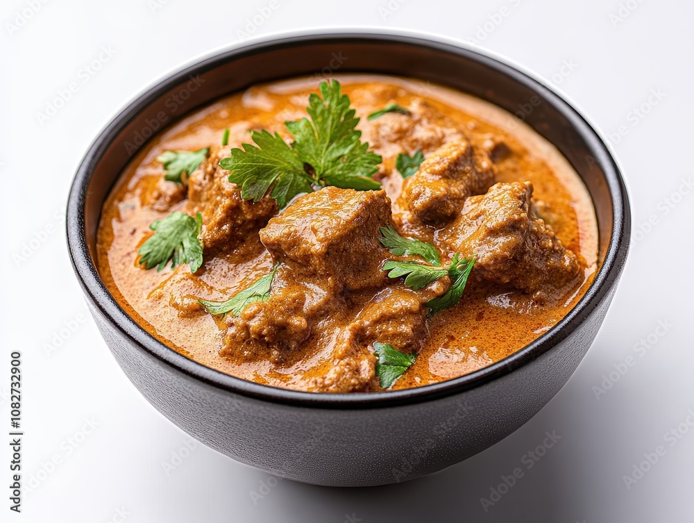 Close-Up of a Bowl of Spicy Indian Curry Garnished with Fresh Coriander, Displaying a Rich and Creamy Texture Perfect for Culinary Delight and Warm Meals