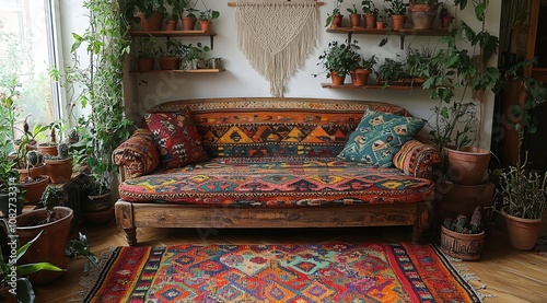 A rustic sofa with colorful bohemian patterns and an intricate wooden frame, surrounded by plants in small pots on shelves