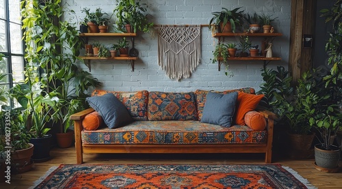 A rustic sofa with colorful bohemian patterns and an intricate wooden frame, surrounded by plants in small pots on shelves