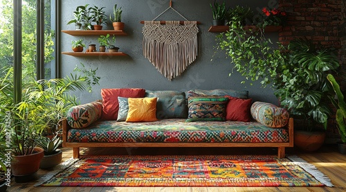 A rustic sofa with colorful bohemian patterns and an intricate wooden frame, surrounded by plants in small pots on shelves