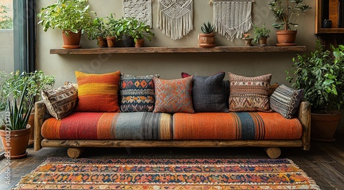 A rustic sofa with colorful cushions and patterns, set against an earthy background. The room is adorned with wooden furniture, plants in pots on shelves, and wall art
