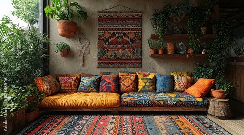 A rustic sofa with colorful cushions and patterns, set against an earthy background. The room is adorned with wooden furniture, plants in pots on shelves, and wall art